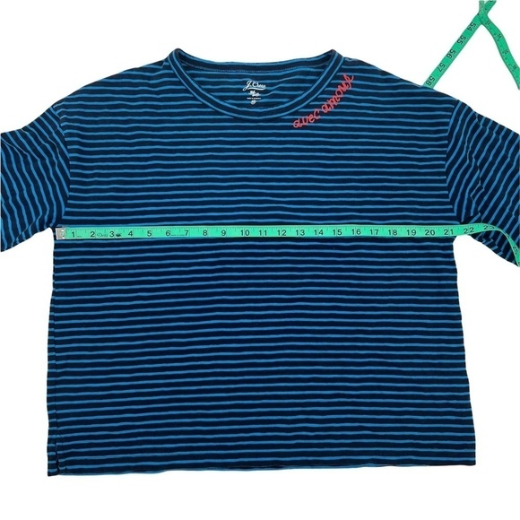 J. Crew Blue Striped Avec Amour Embroidered Boat Neck Shirt Size Medium Women’s - Picture 6 of 7